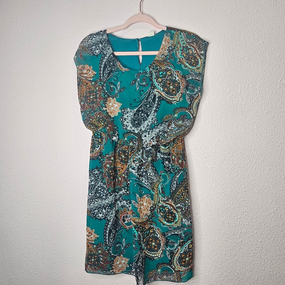 Paisley Print Green Dress Sheer Overlay Sleeveless Party Cocktail Autumn Harvest